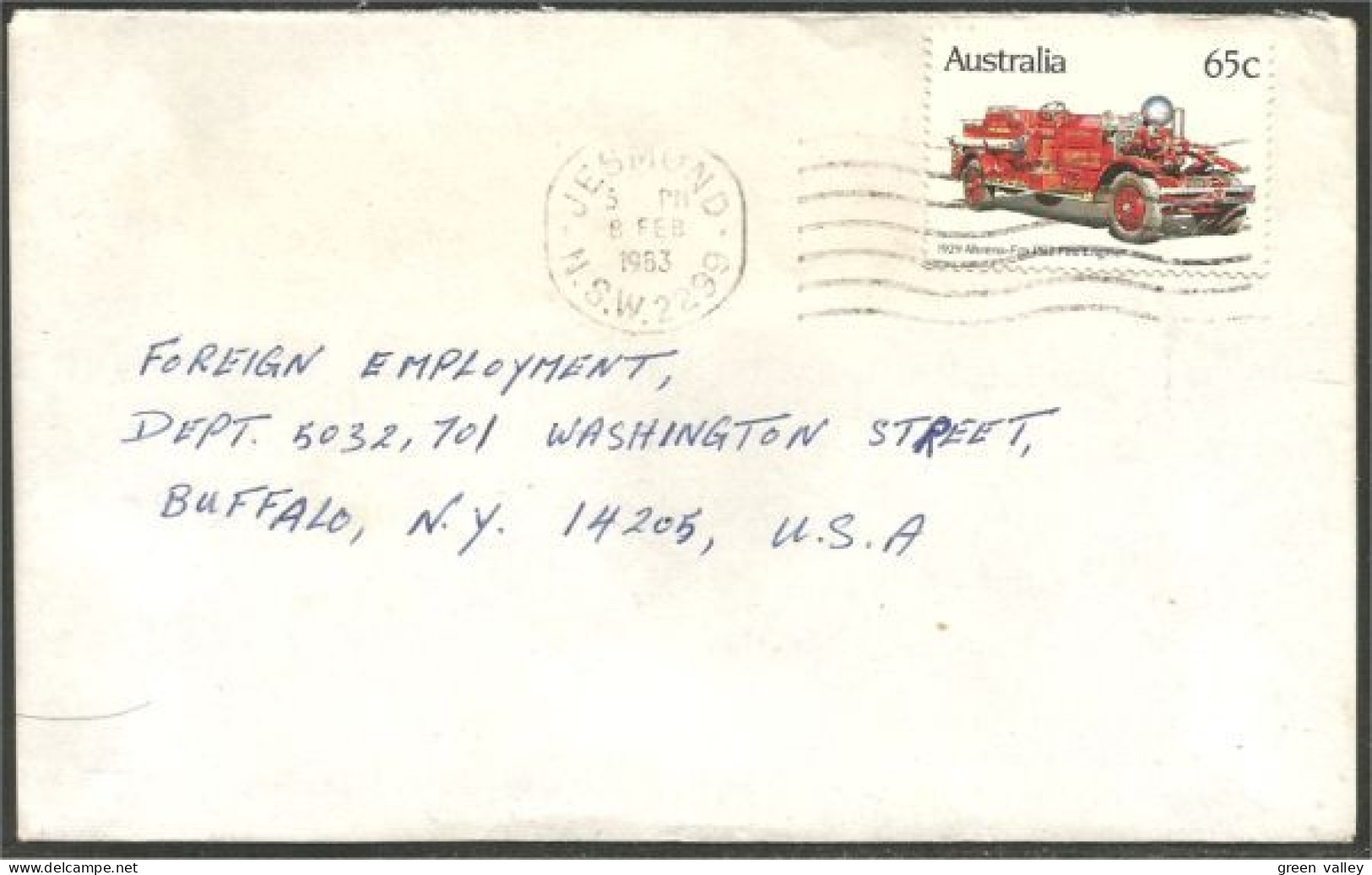 Australia Ahrens-Fox Fire Engine 1983 Cover From Jesmond NSW To Buffalo N.Y. USA ( A91 987) - Marcophilie