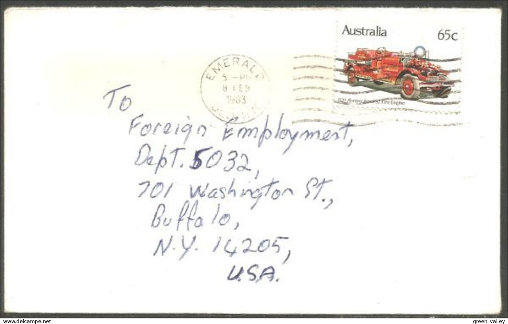 Australia Ahrens-Fox Fire Engine 1983 Cover From Emerald QLD To Buffalo N.Y. USA ( A91 974) - Brieven En Documenten