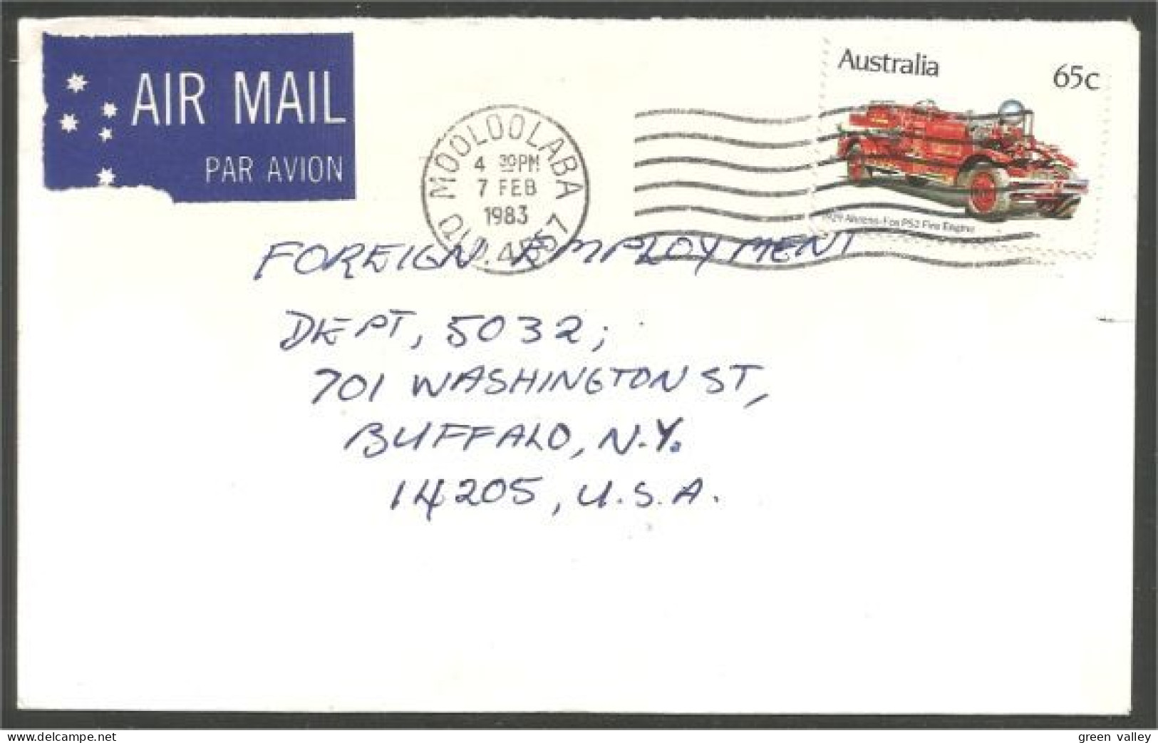 Australia Ahrens-Fox Fire Engine 1983 Cover From Mooloolaba QLD To Buffalo N.Y. USA ( A91 949) - Marcofilia