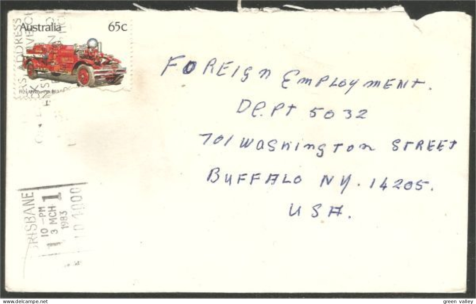 Australia Ahrens-Fox Fire Engine 1983 Cover From Brisbane QLD To Buffalo N.Y. USA ( A91 963) - Camions