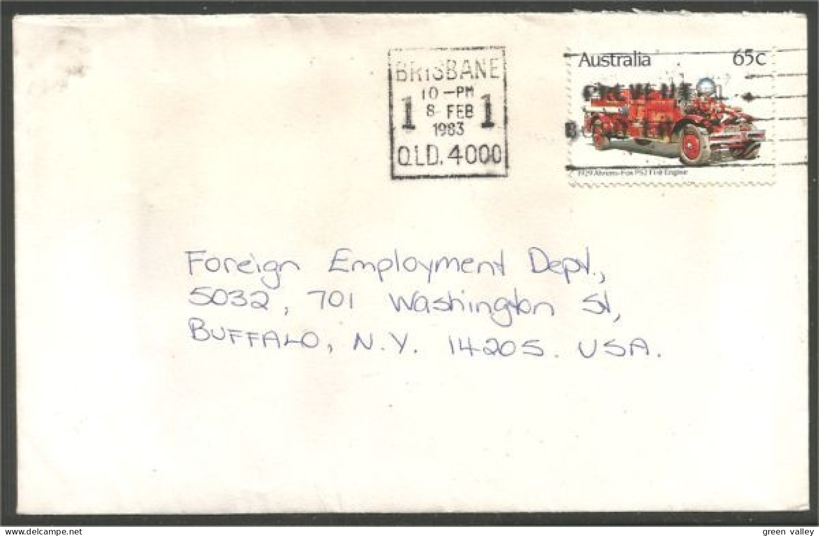 Australia Ahrens-Fox Fire Engine 1983 Cover From Brisbane QLD To Buffalo N.Y. USA ( A91 959) - Lettres & Documents