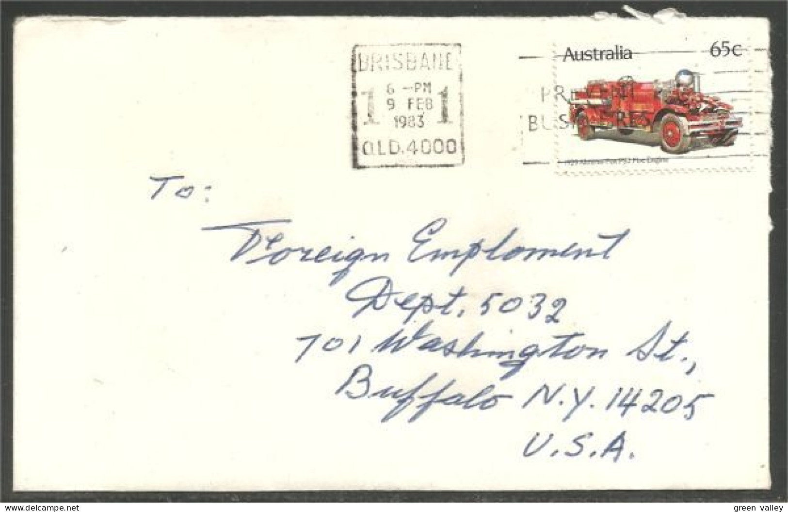 Australia Ahrens-Fox Fire Engine 1983 Cover From Brisbane QLD To Buffalo N.Y. USA ( A91 961) - Camions