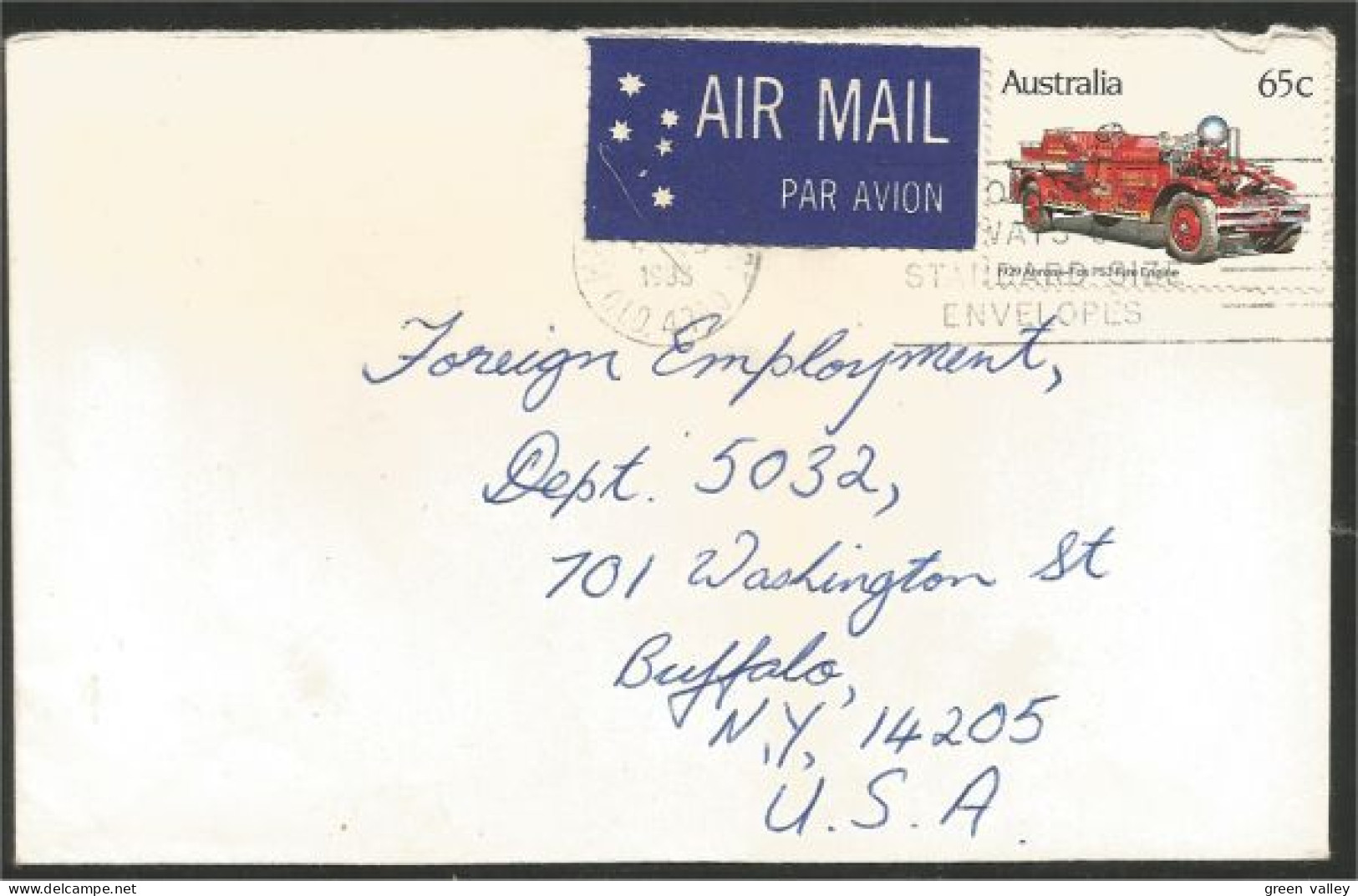 Australia Ahrens-Fox Fire Engine 1983 Cover From QLD To Buffalo N.Y. USA ( A91 941) - Marcofilie