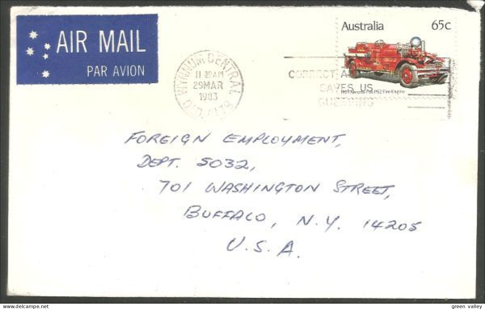 Australia Ahrens-Fox Fire Engine 1983 Cover From Wynnum QLD To Buffalo N.Y. USA ( A91 936) - Lettres & Documents