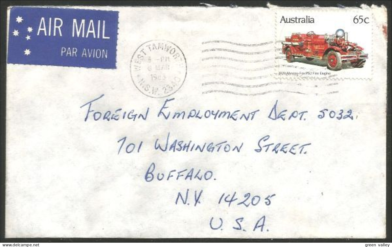 Australia Ahrens-Fox Fire Engine 1983 Cover From West Tamworth NSW To Buffalo N.Y. USA ( A91 934) - Storia Postale