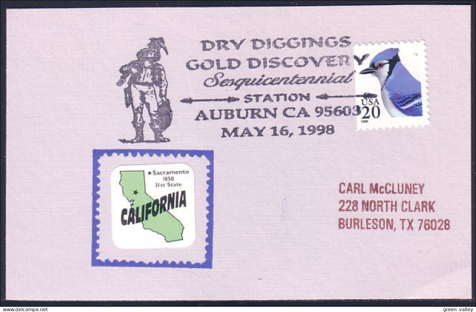 US Postcard Dry Diggings Gold Discovery 150th Auburn, CA MAY 16, 1998 ( A91 702) - Minerals