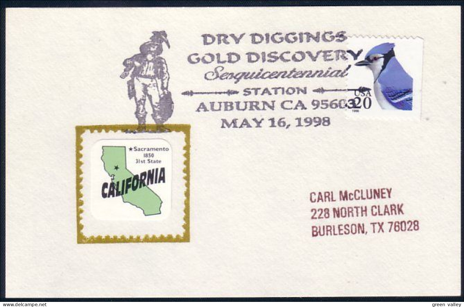 US Postcard Dry Diggings Gold Discovery 150th Auburn, CA MAY 16, 1998 ( A91 701) - Minerales