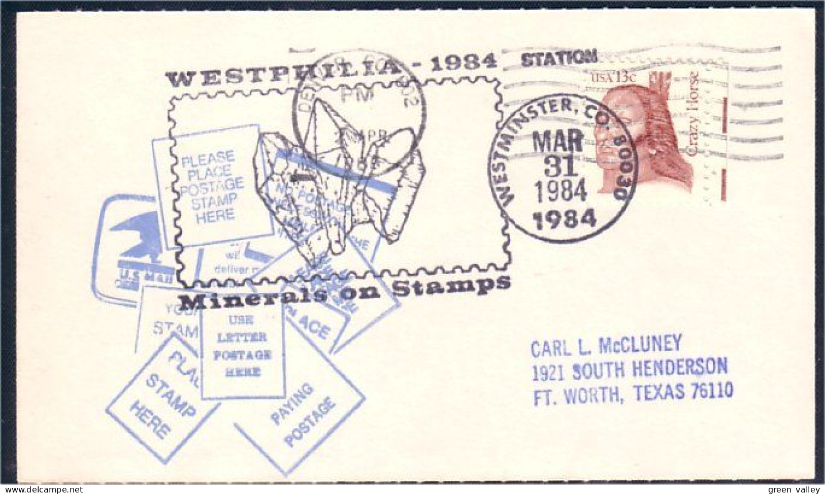US Postcard Westphilia 1984 Minerals On Stamps Westminster, CO MAR 31, 1984 ( A91 581) - Minerals