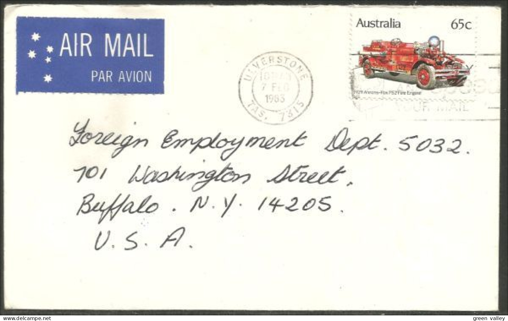 Australia Ahrens-Fox Fire Engine 1983 Cover From Ulverstone TAS To Buffalo N.Y. USA ( A92 34) - Marcofilia