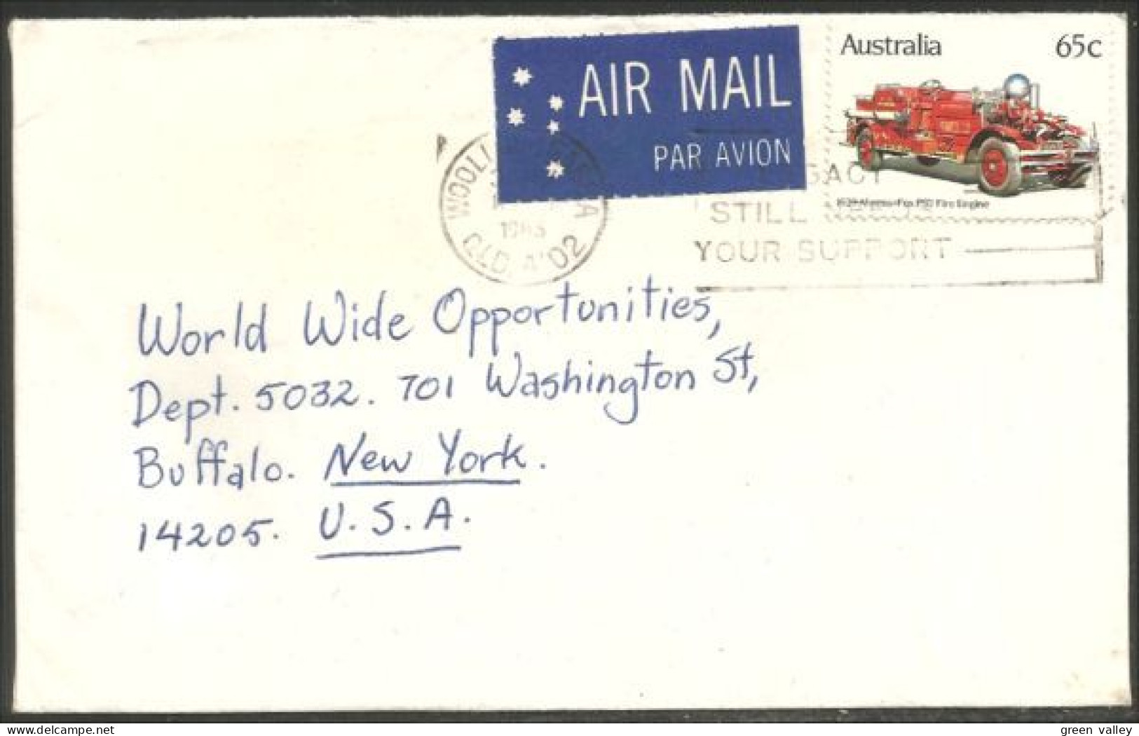 Australia Ahrens-Fox Fire Engine 1983 Cover From Woolloongabba QLD To Buffalo N.Y. USA ( A92 37) - Marcofilie