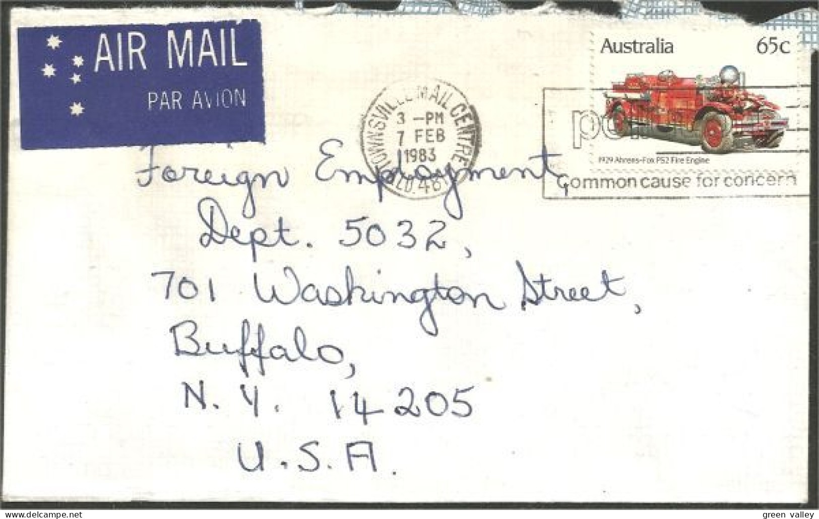 Australia Ahrens-Fox Fire Engine 1983 Cover From Townsville QLD To Buffalo N.Y. USA ( A92 33) - Marcofilia