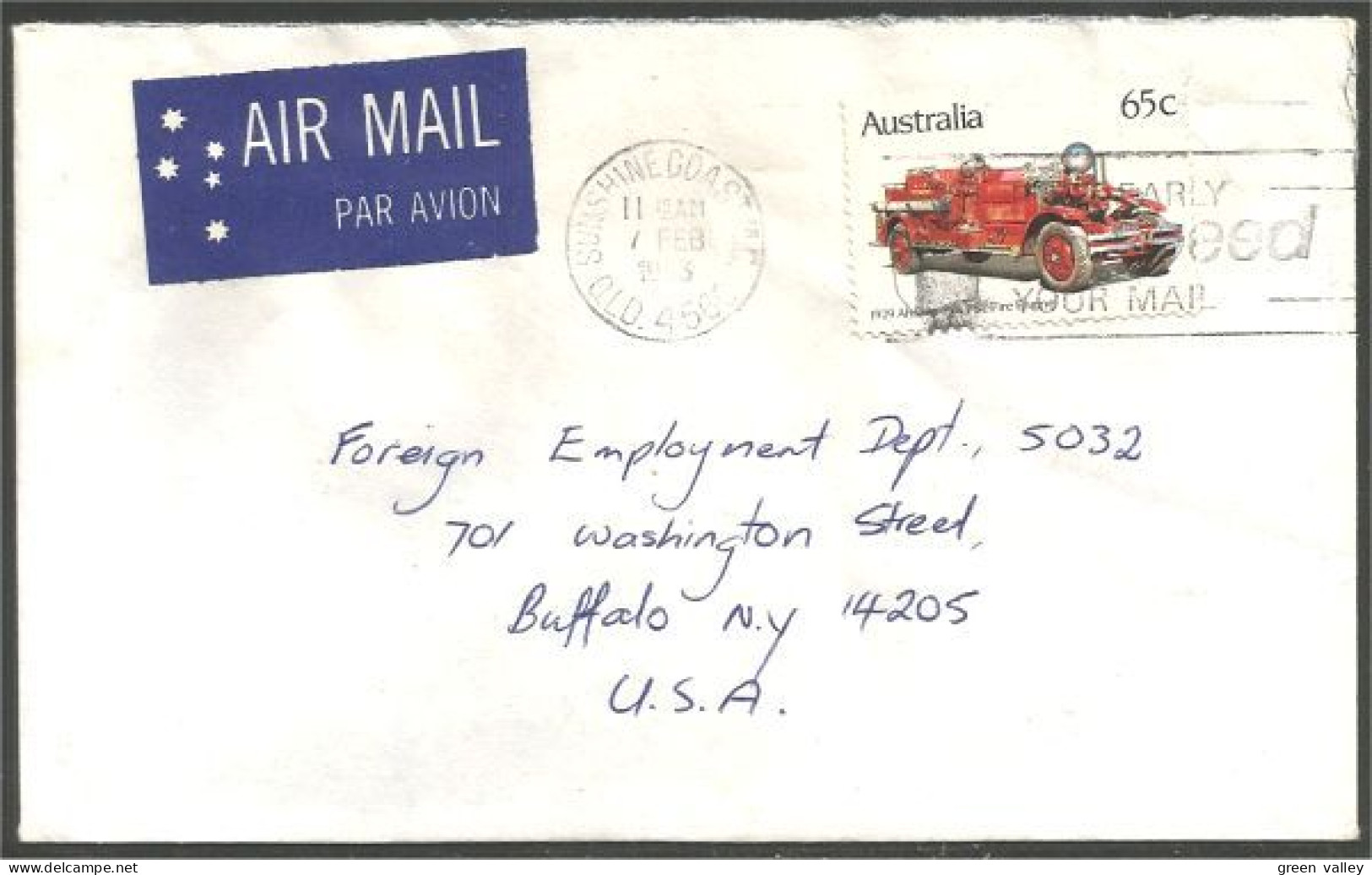Australia Ahrens-Fox Fire Engine 1983 Cover From Sunshine Coast QLD To Buffalo N.Y. USA ( A92 29) - Marcophilie