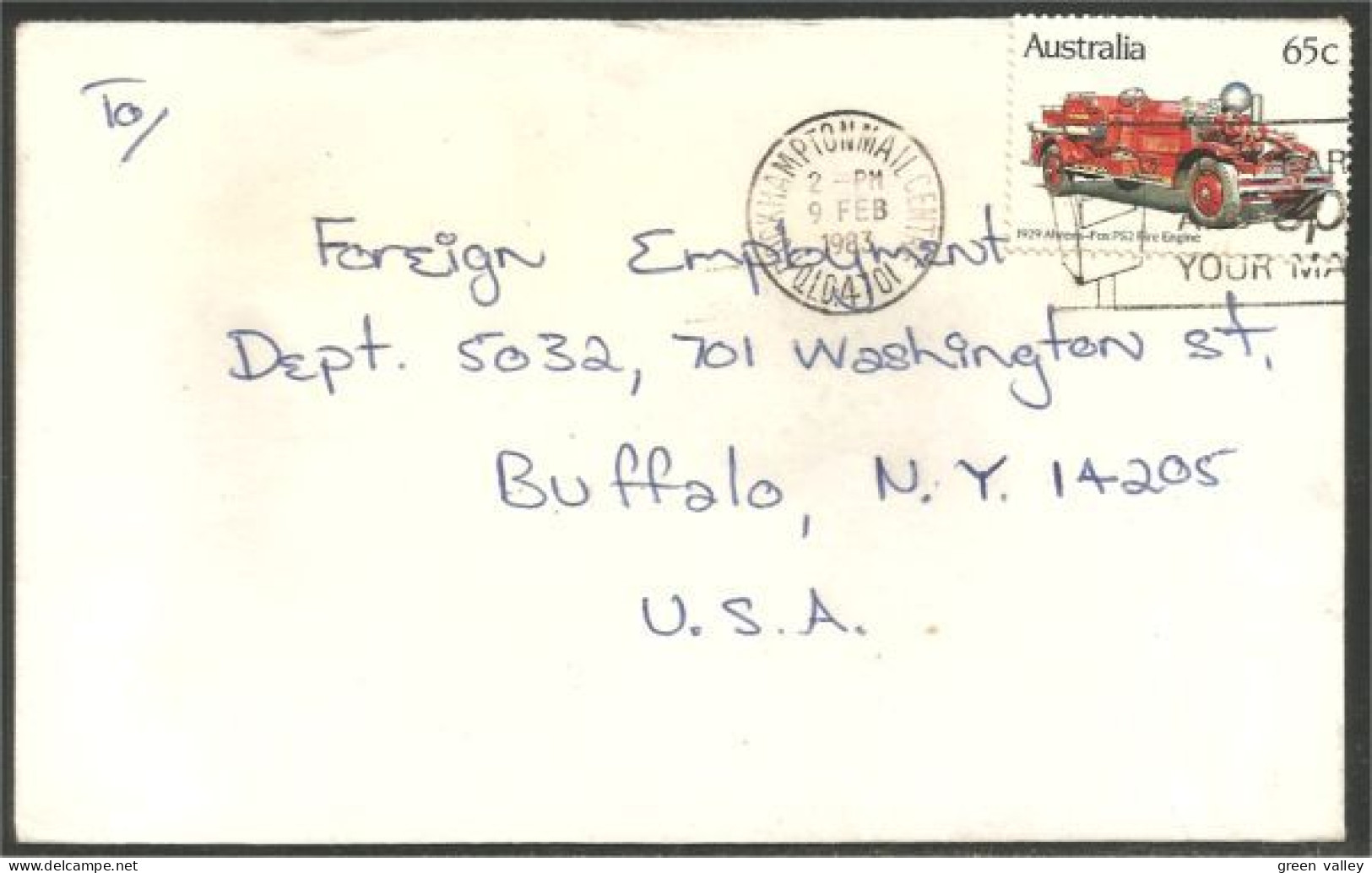 Australia Ahrens-Fox Fire Engine 1983 Cover From Rockhampton QLD To Buffalo N.Y. USA ( A92 25) - Camiones