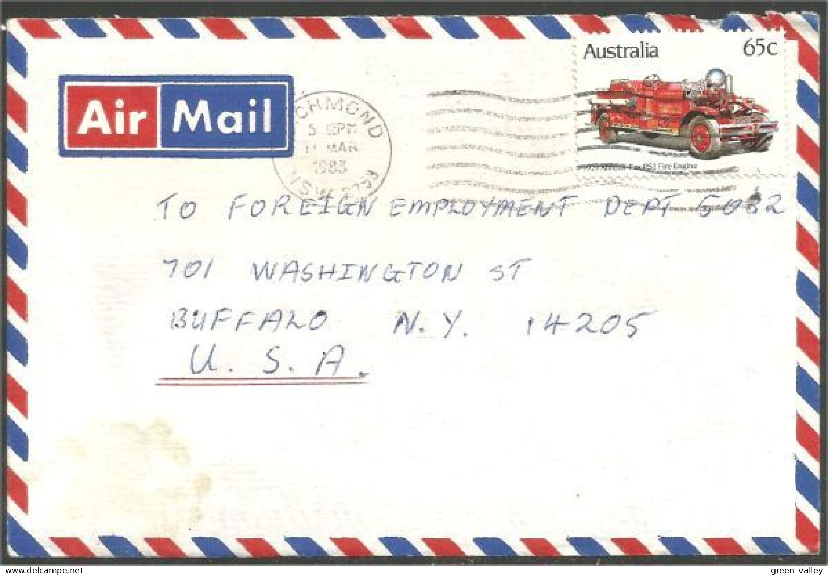 Australia Ahrens-Fox Fire Engine 1983 Cover From Richmond NSW To Buffalo N.Y. USA ( A92 21) - Poststempel