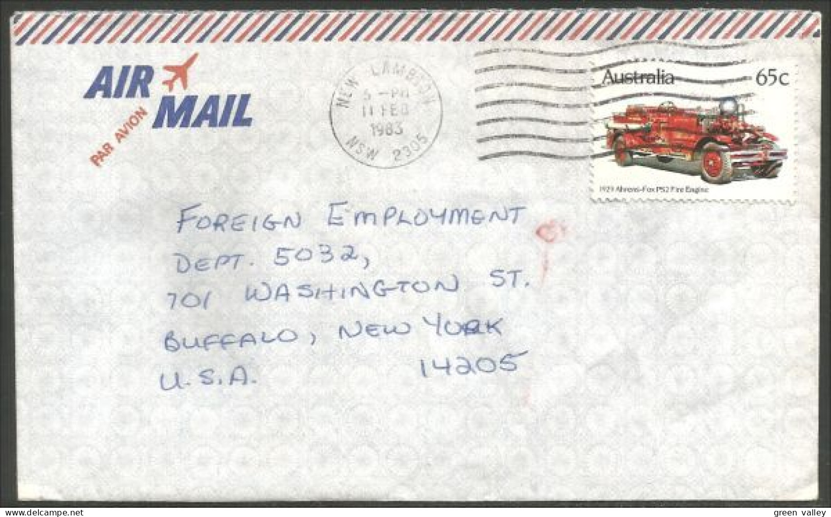 Australia Ahrens-Fox Fire Engine 1983 Cover From New Lambton NSW To Buffalo N.Y. USA ( A92 16) - Covers & Documents