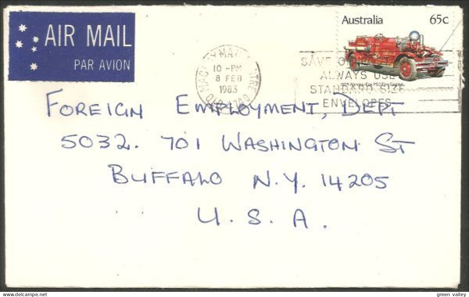 Australia Ahrens-Fox Fire Engine 1983 Cover From Mackay QLD To Buffalo N.Y. USA ( A92 10) - Marcofilia