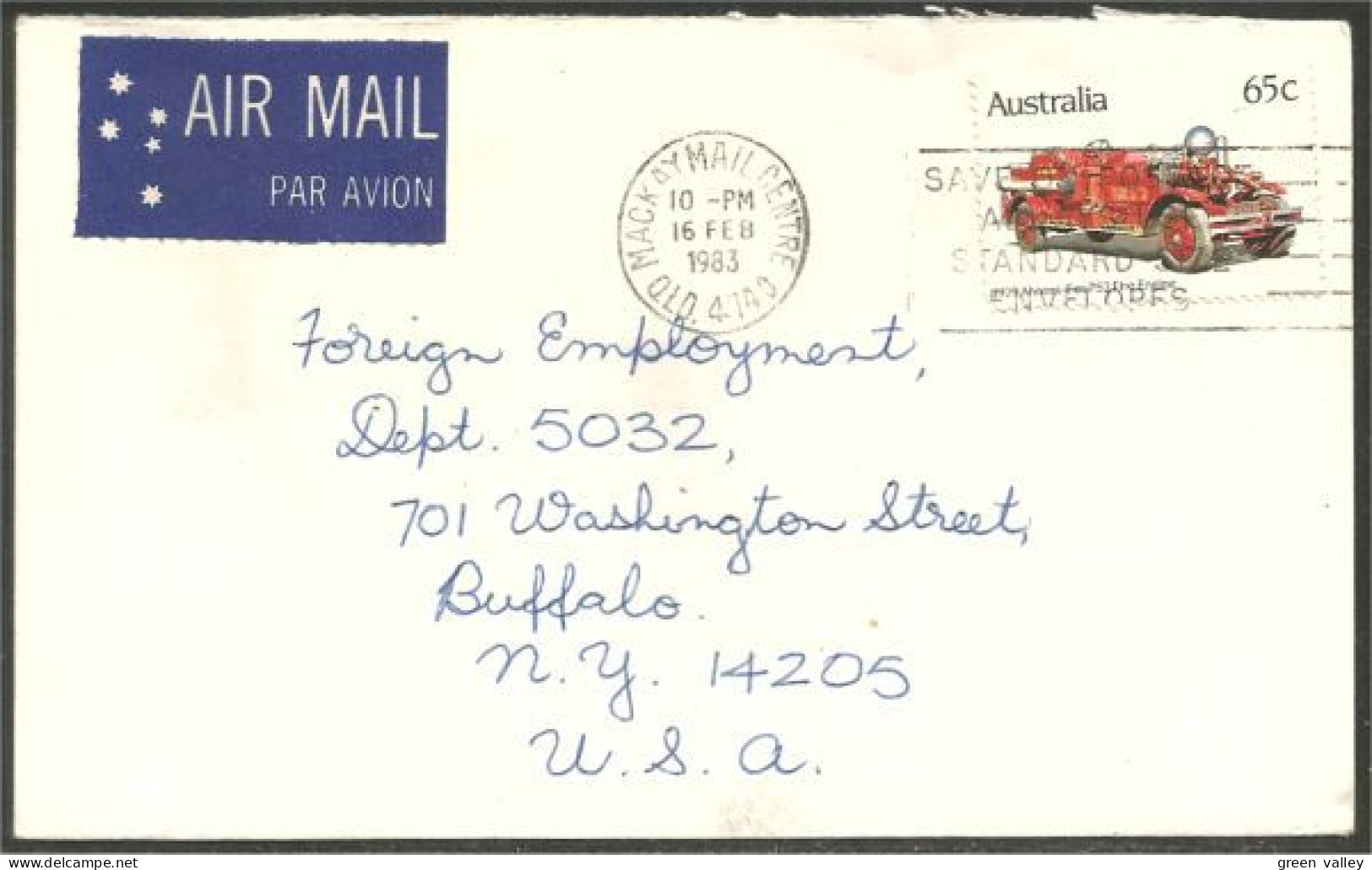 Australia Ahrens-Fox Fire Engine 1983 Cover From Mackay QLD To Buffalo N.Y. USA ( A92 9) - Marcophilie
