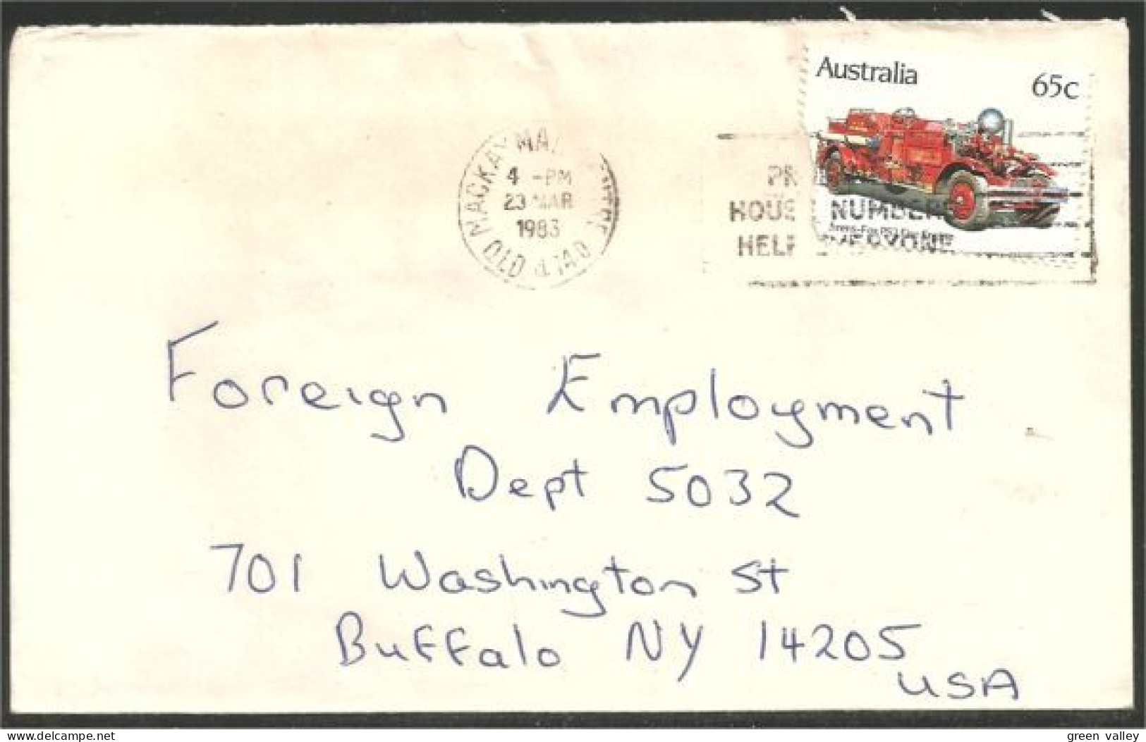 Australia Ahrens-Fox Fire Engine 1983 Cover From Mackay QLD To Buffalo N.Y. USA ( A92 1) - Trucks