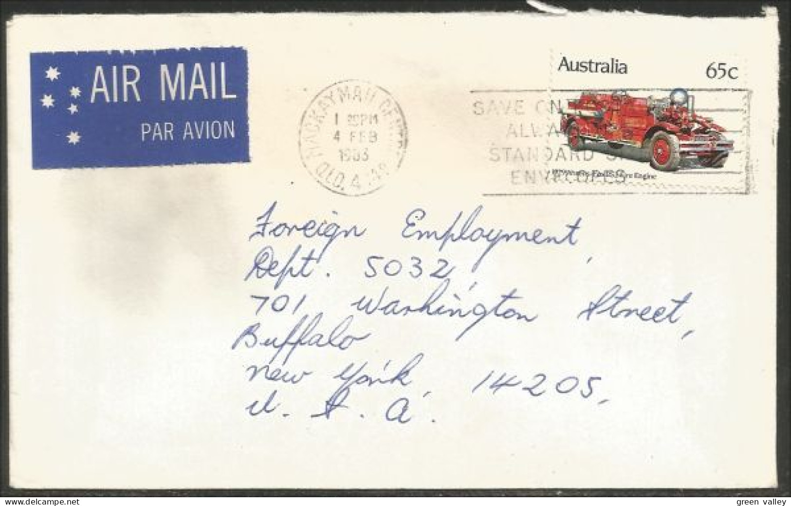 Australia Ahrens-Fox Fire Engine 1983 Cover From Mackay QLD To Buffalo N.Y. USA ( A92 6) - Trucks