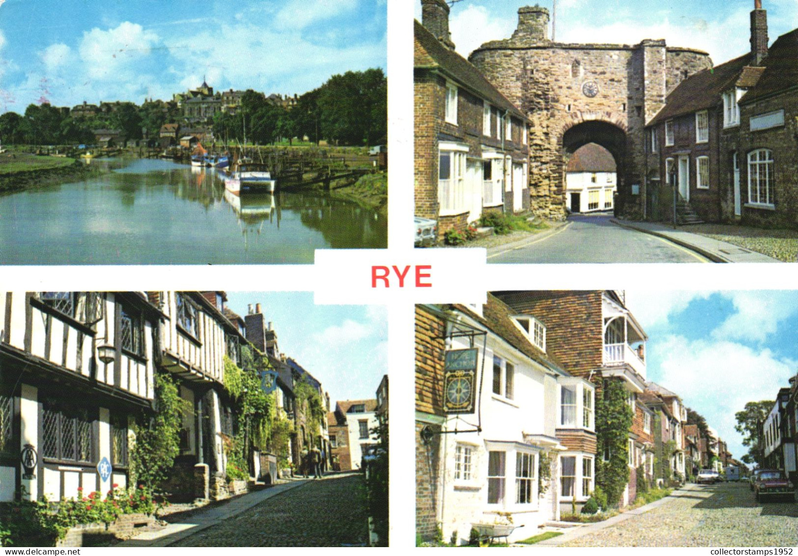 RYE, SUSSEX, MULTIPLE VIEWS, ARCHITECTURE, GATE, BOAT, CAR, ENGLAND, UNITED KINGDOM, POSTCARD - Rye