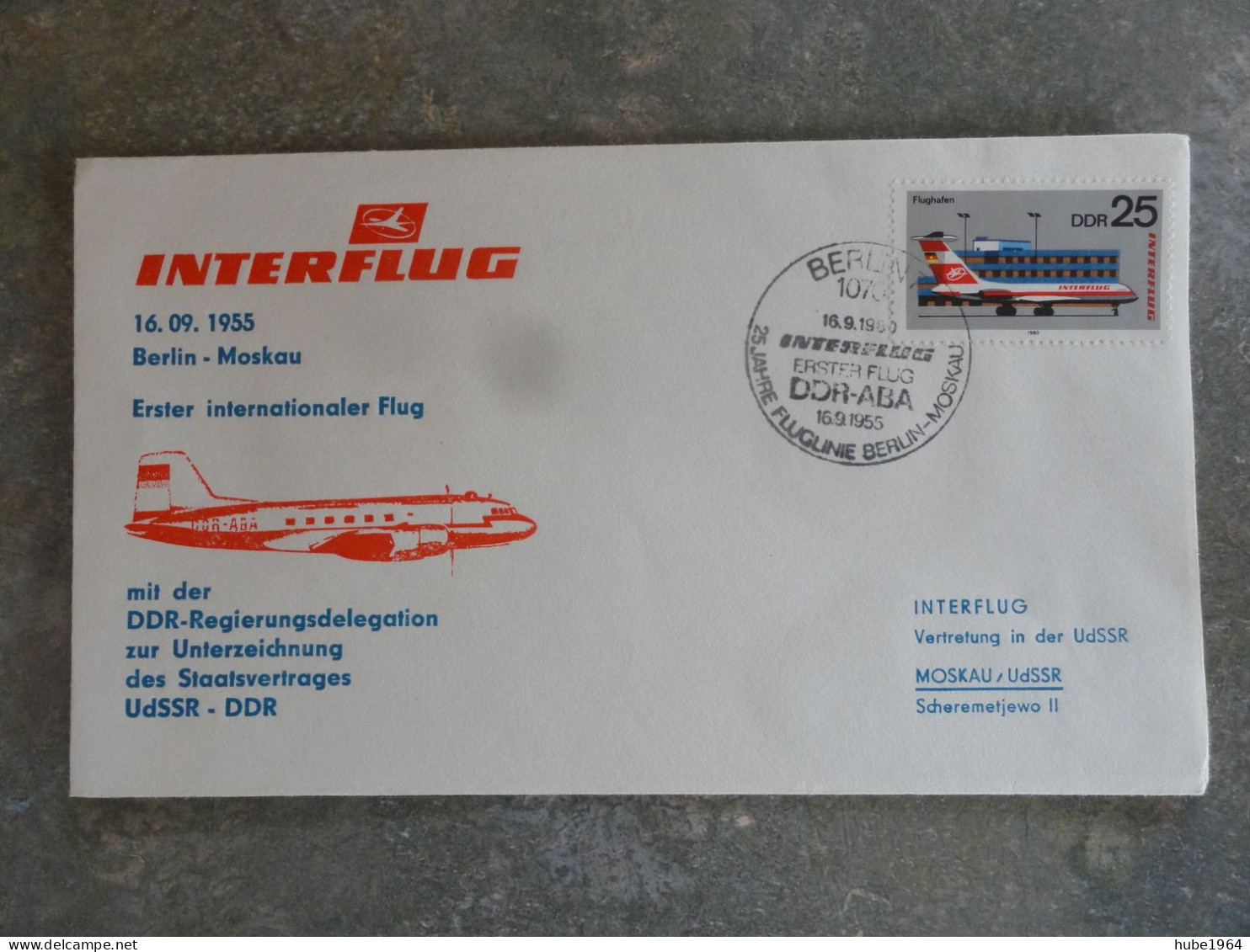 ENVELOPPE COMMEMORATIVE ERSTER INTERNALIONALER FLUG BERLIN/MOSKAU 16/09/1955 - Poste Aérienne