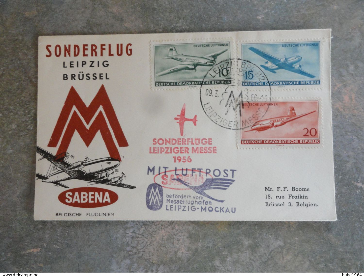 ENVELOPPE COMMEMORATIVE SONDERFLUG LEIPZIG/BRUSSEL SABENA 09/03/1956 - Luftpost