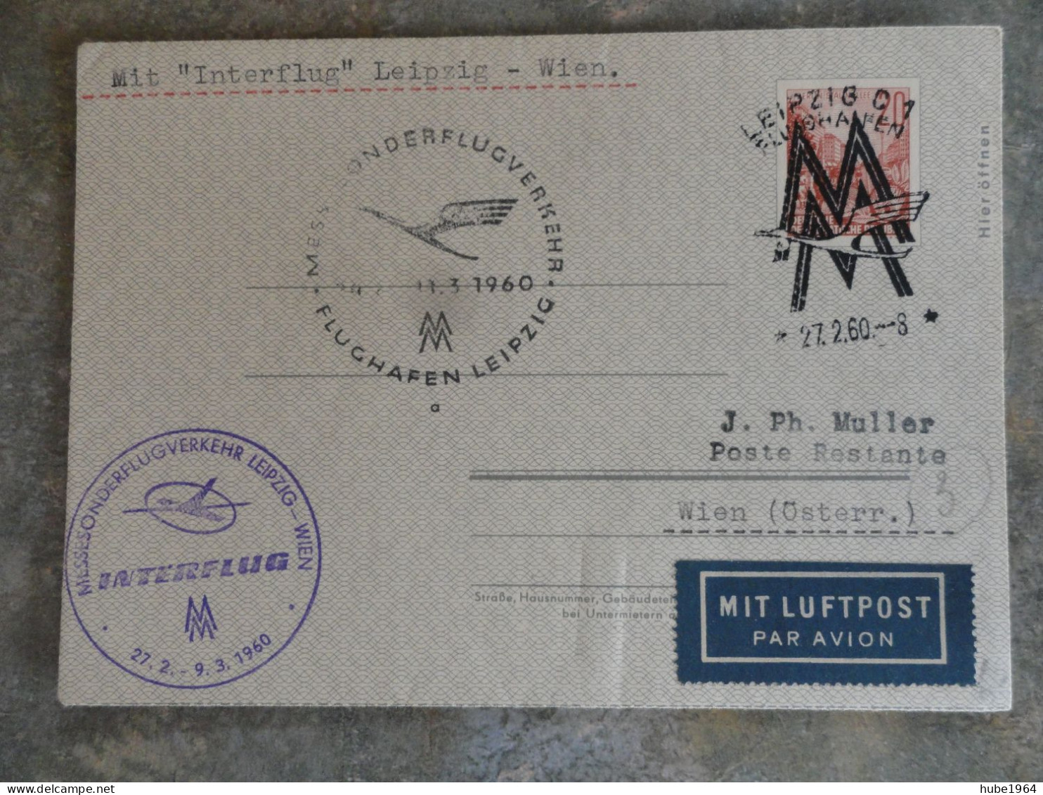 ENVELOPPE COMMEMORATIVE SONDERFLUG MIT INTERFLUG LEIPZIG/WIEN 27/02/1960 - Luchtpost