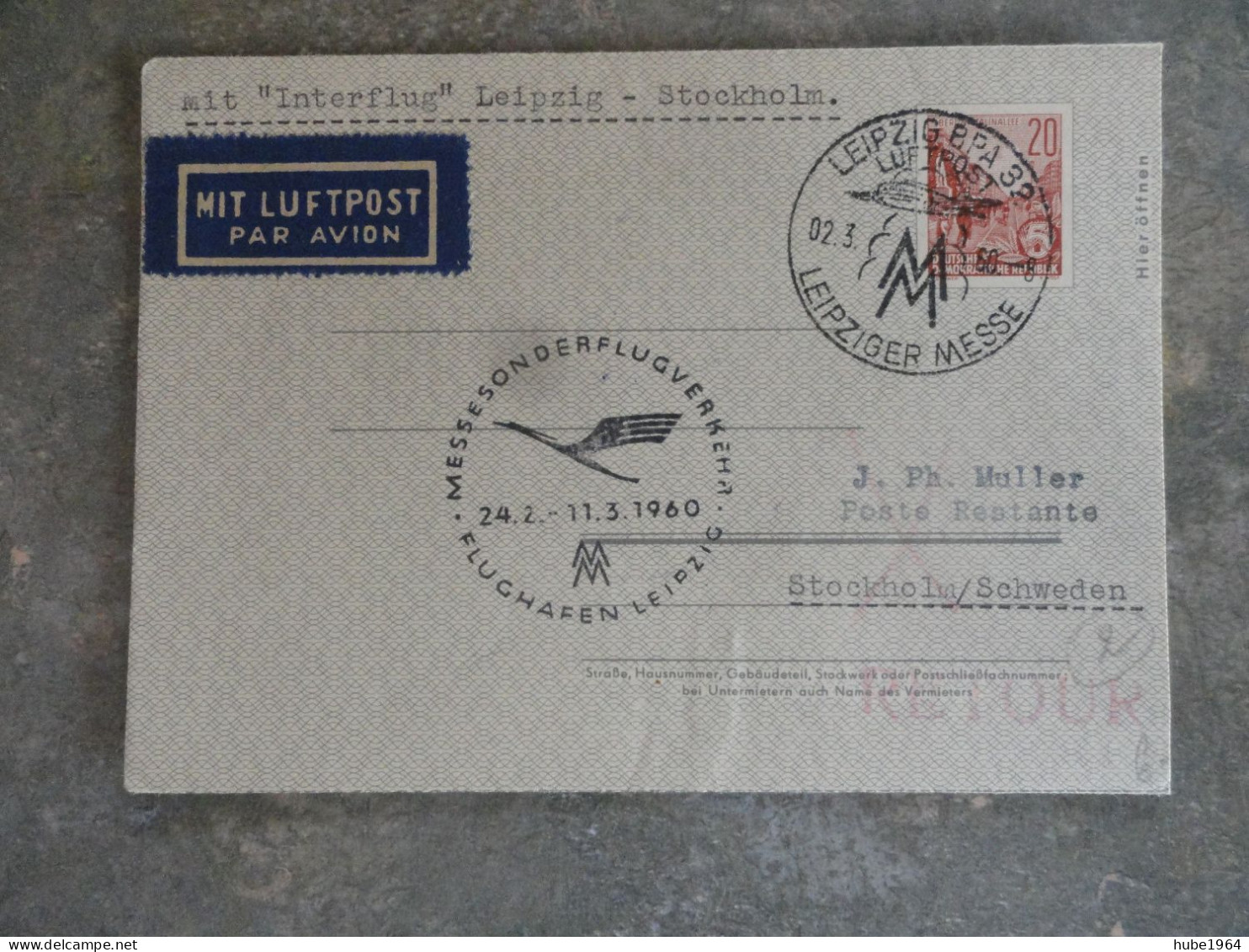 ENVELOPPE COMMEMORATIVE SONDERFLUG MIT INTERFLUG LEIPZIG/STOCKHOLM 02/03/1960 - Luchtpost