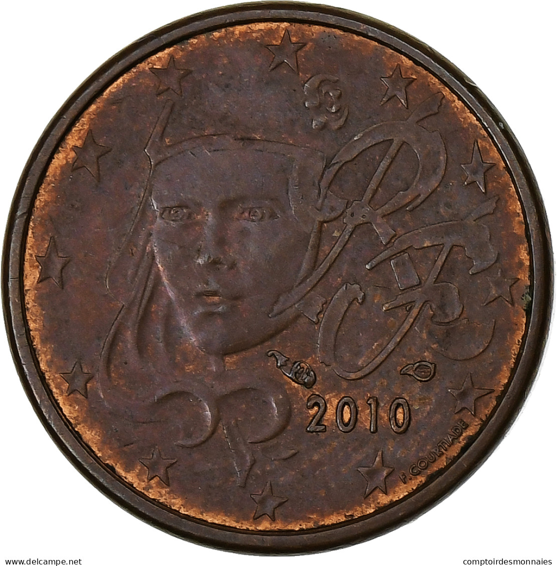 France, Euro Cent, Error Double Observe Side, 2010, Paris, Cuivre Plaqué Acier - Variëteiten En Curiosa