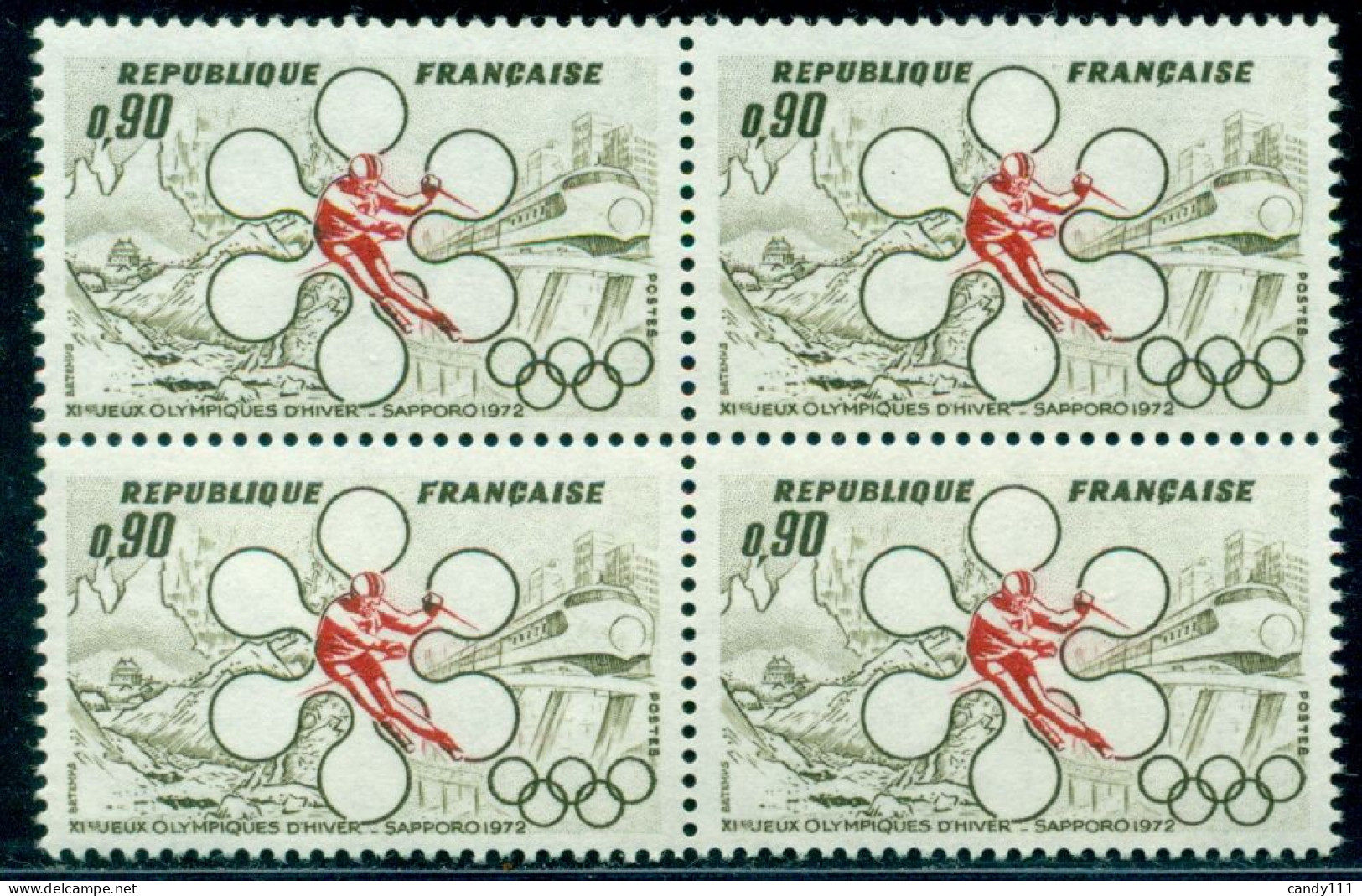 1972 Sapporo Winter Olympics,ski,Monorail,mountains,pagode,France,1781 ,MNH X4 - Winter 1972: Sapporo