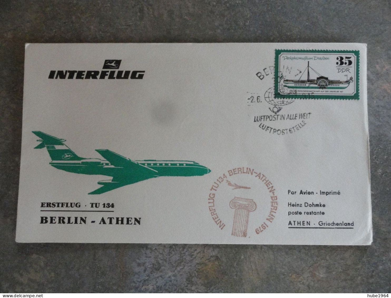 PLI COMMEMORANT LE PREMIER VOL PAR TUPOLEV 134 SUR LA LIGNE BERLIN/ATHENES 2/06/1979 - Luftpost