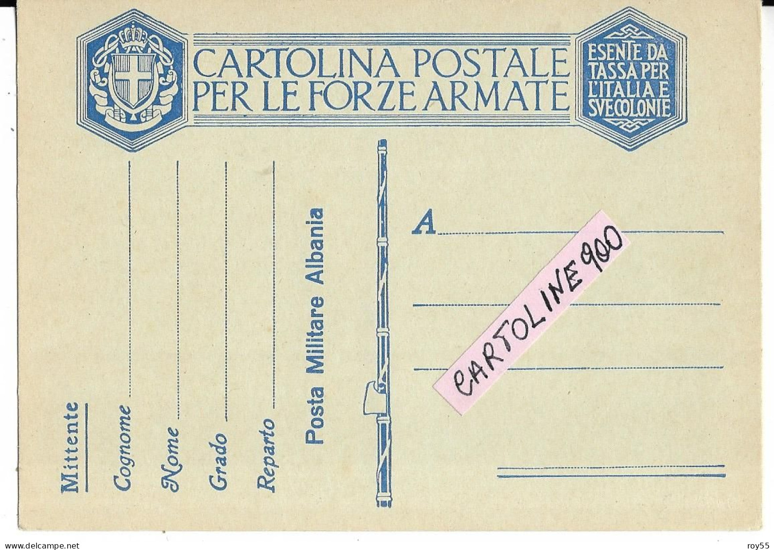 Militari Franchigia Militare Nuova Del 1939 Posta Militare Albania In Verticale E Cartigio Centrale (celestino/v.retro) - Guerra 1939-45