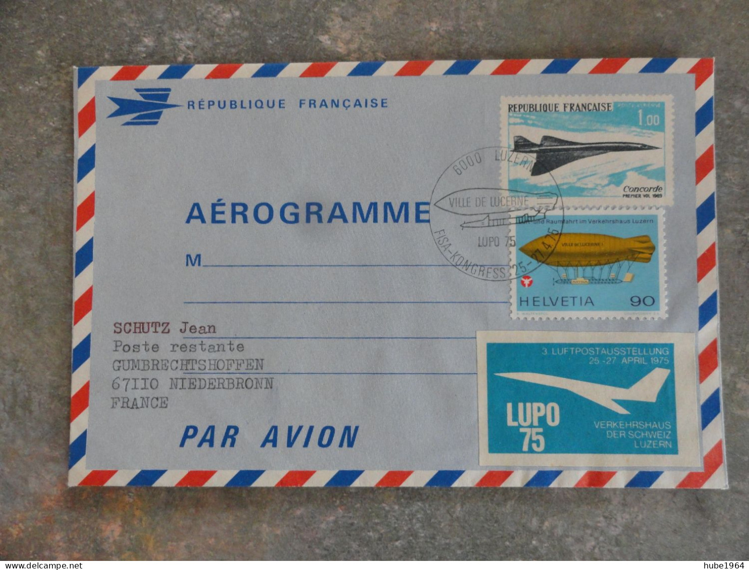 LUPO 75 SUR AEROGRAMME CONCORDE AVEC OSI LUCERNE SUISSE ET VIGNETTE - Used Stamps