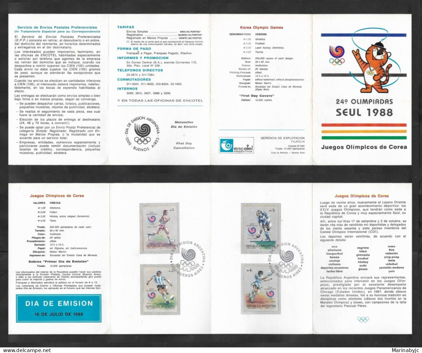 SE)1988 ARGENTINA, 24TH OLYMPIC GAMES IN SOUTH KOREA 88', ATHLETICS, SOCCER, TENNIS, HOCKEY, FDB - Used Stamps