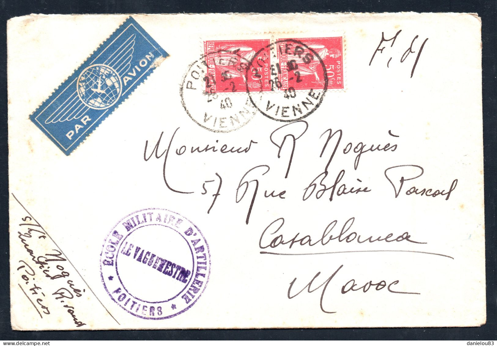 Lettre AVION De POITIERS à CASABLANCA MAROC-  26 Février 1940 - Affranchissement PAIX YT N° 283 - 1932-39 Paix