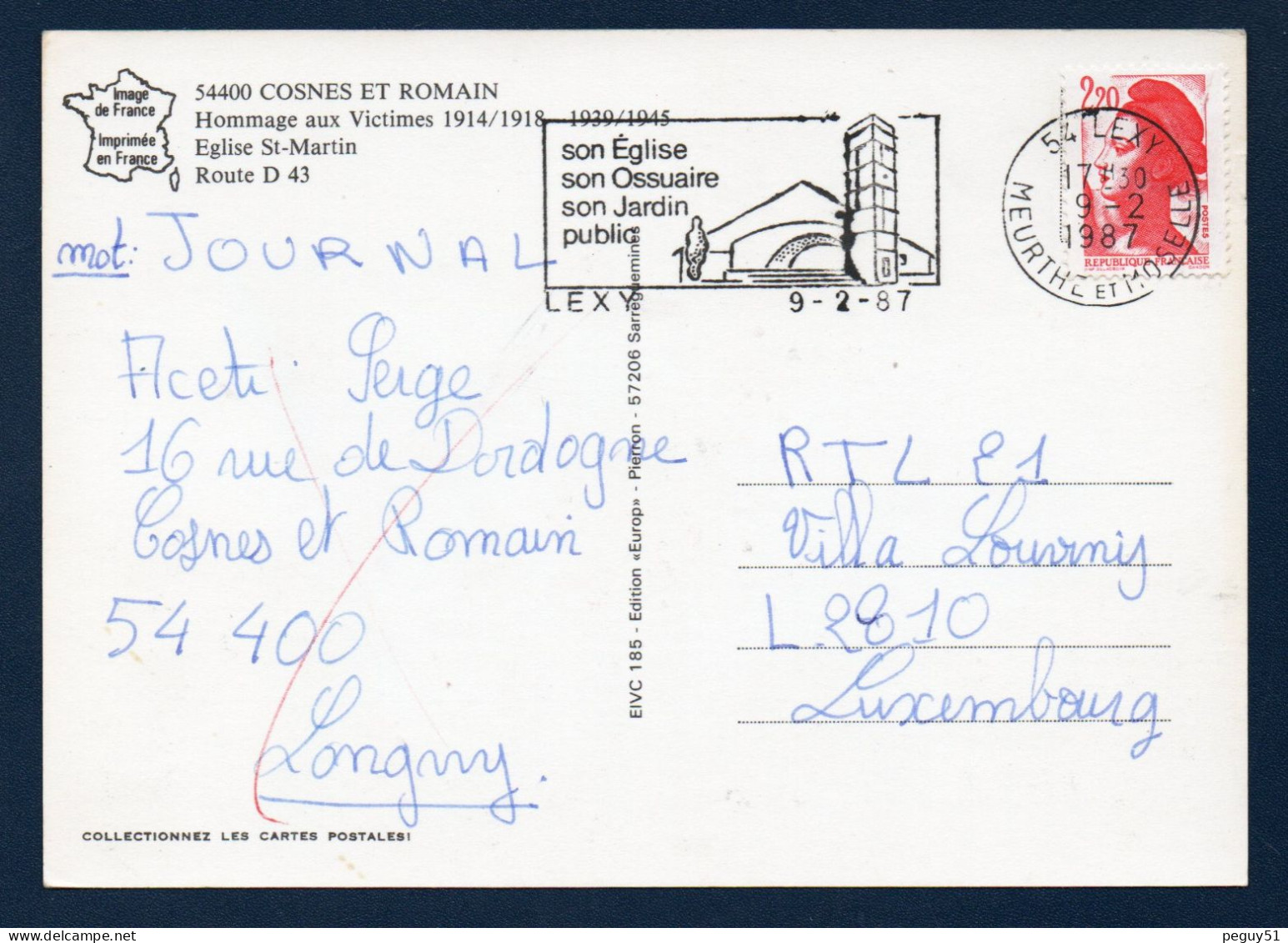 54. Environs De Longwy. Cosnes Et Romain. Blason. Monuments Aux Morts, église Saint-Martin Et Route D43. 1987 - Longwy