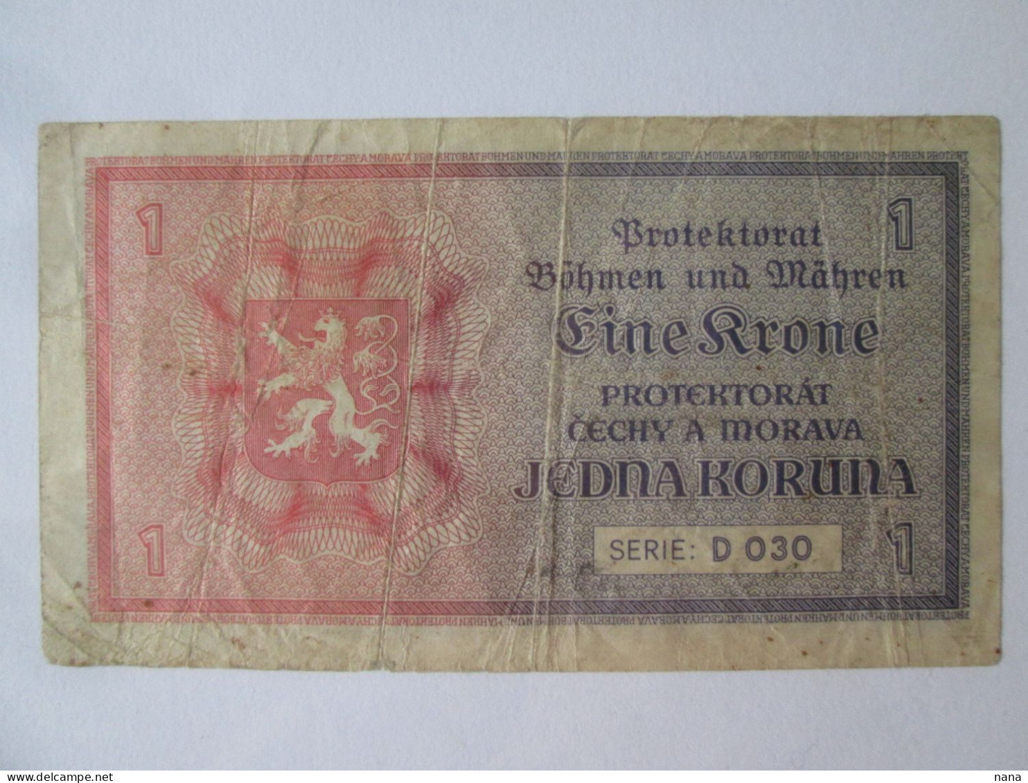 Bohemia & Moravia Protektorat 1 Koruna 1940 Banknote German Occupation WWII Series D 030,see Pictures - Tchécoslovaquie