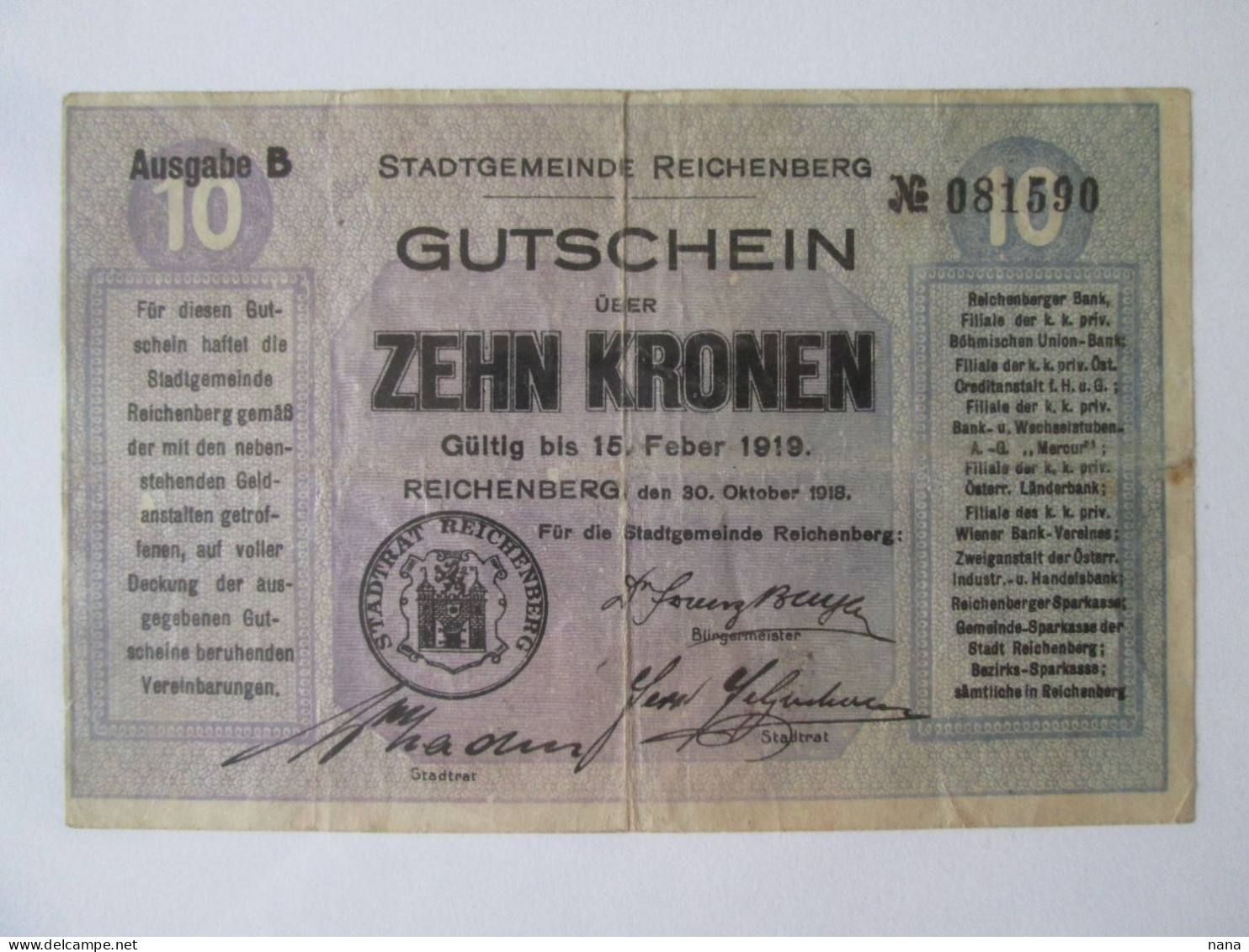 Czech Republic-Liberec/Reichenberg 10 Kronen 1919 Banknote Austrian Occupation WWI - Tschechien