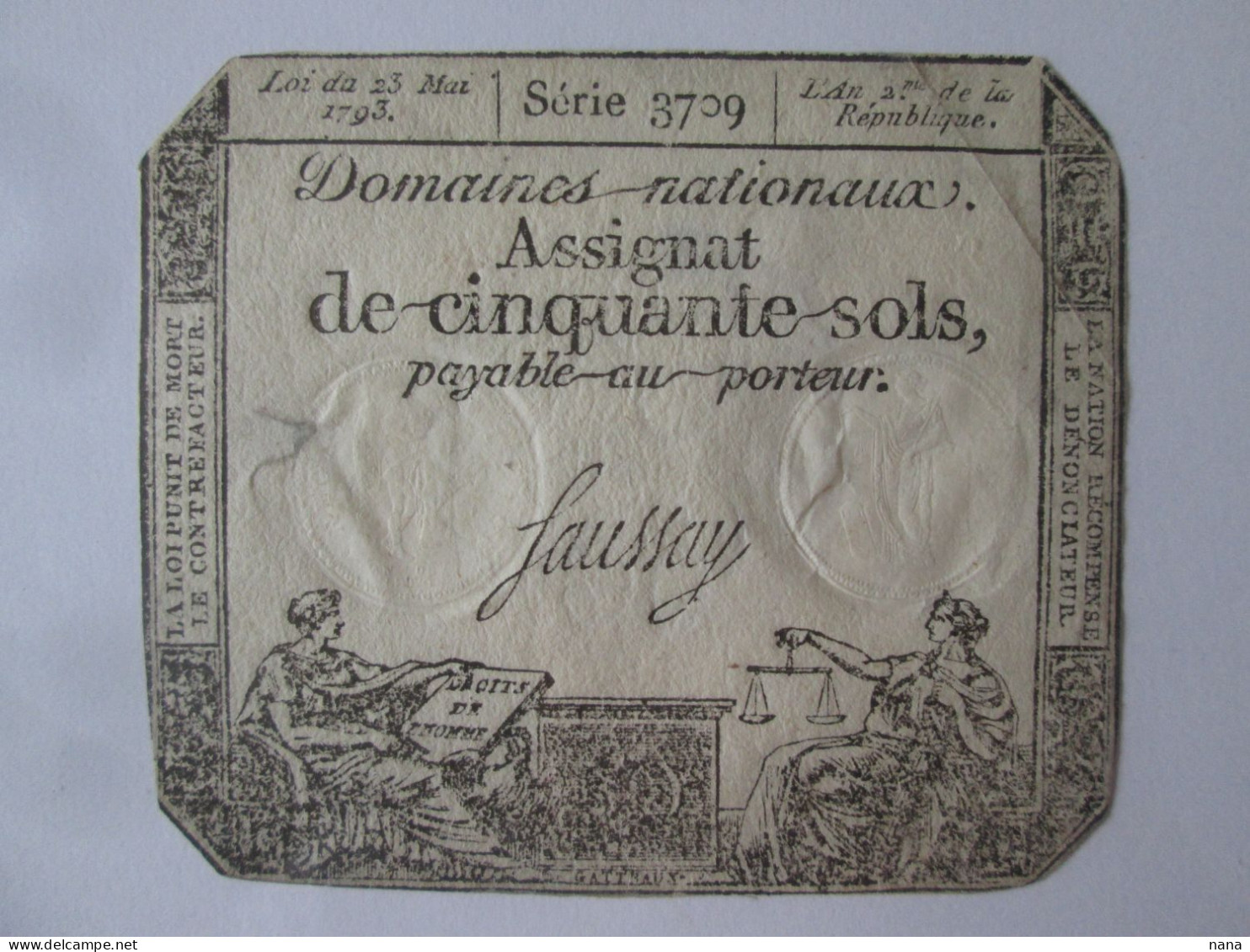 France Assignat De 50 Sols 23 Mai 1793 Serie 3709 Signature Saussay - Assignate