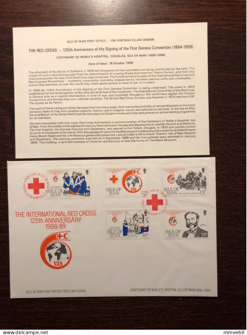 MAN ISLAND FDC COVER 1989 YEAR RED CROSS DUNANT HEALTH MEDICINE STAMPS - Man (Ile De)