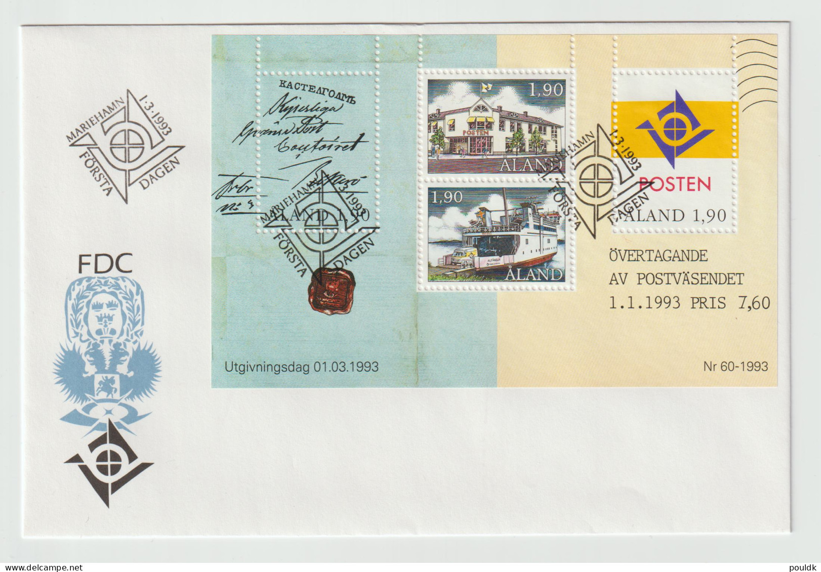 Aland FDC 1993 The Post Souvenir Sheet. Postal Weight Approx 0,04 Kg. Please Read Sales Conditions Under Image Of - Ålandinseln