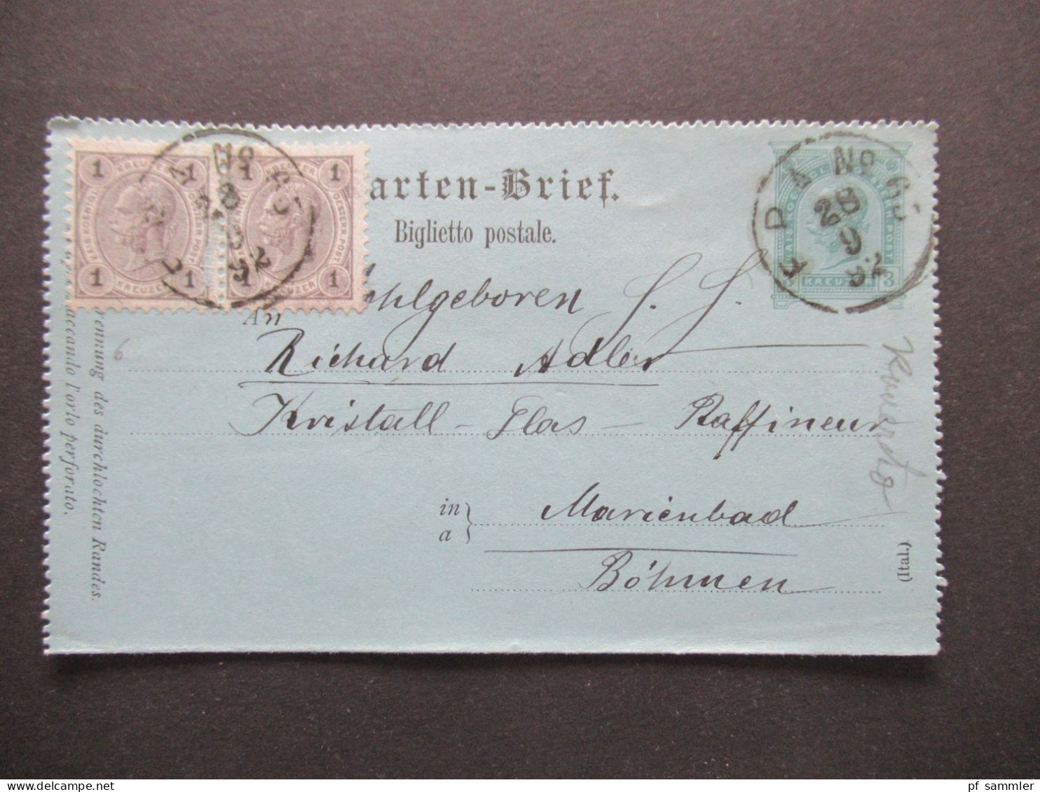 Österreich 1892 Kartenbrief K 17 (Ital.) Mit 2x Zusatzfrankatur Und Stempel F.P.A. No 65 / Fahrendes Postamt Nach Marien - Carte-Lettere