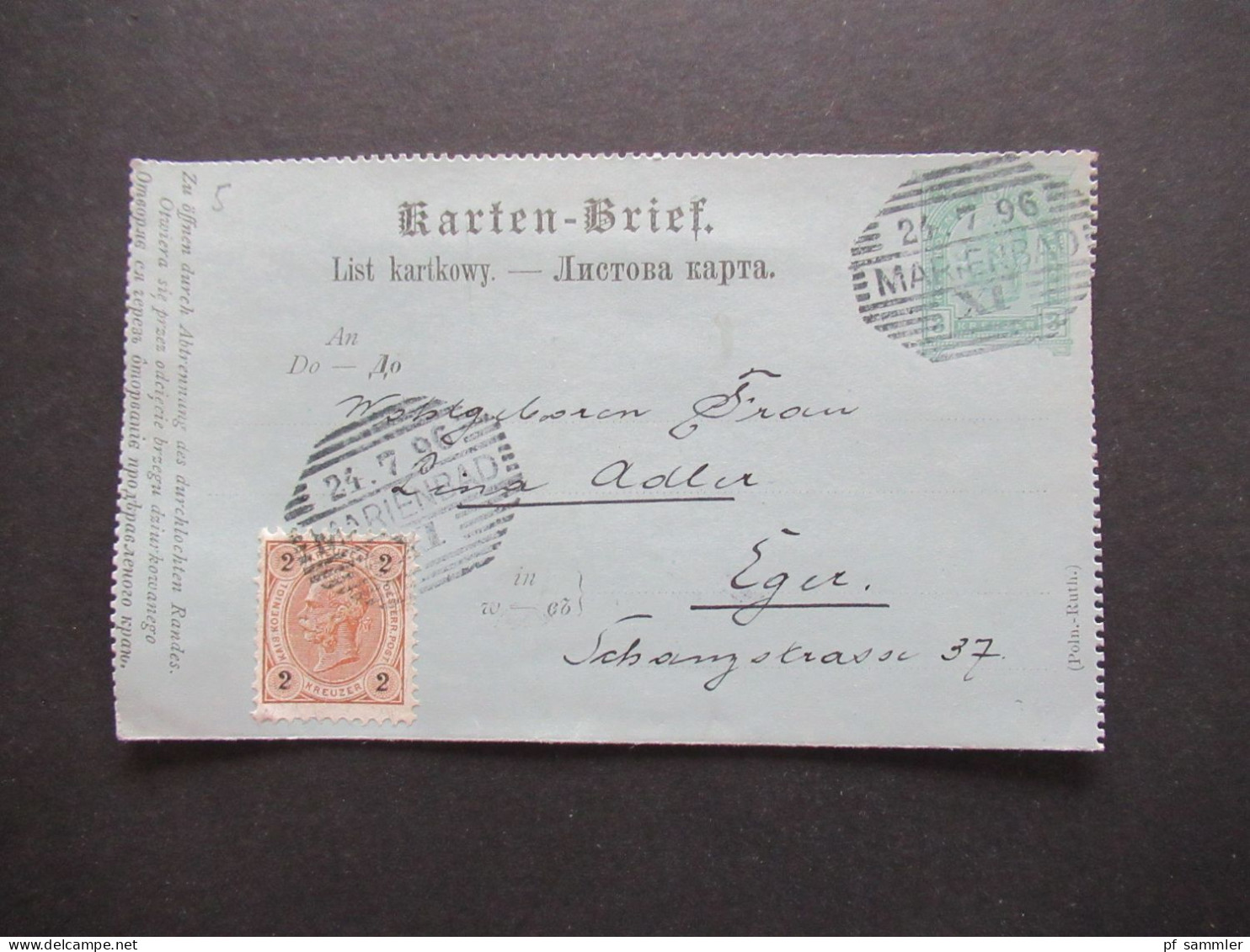 Österreich 1896 Kartenbrief K 19 (Poln.-Ruth.) Mit Zusatzfrankatur 2 Kreuzer Strichstempel Marienbad Nach Eger Gesendet - Letter-Cards