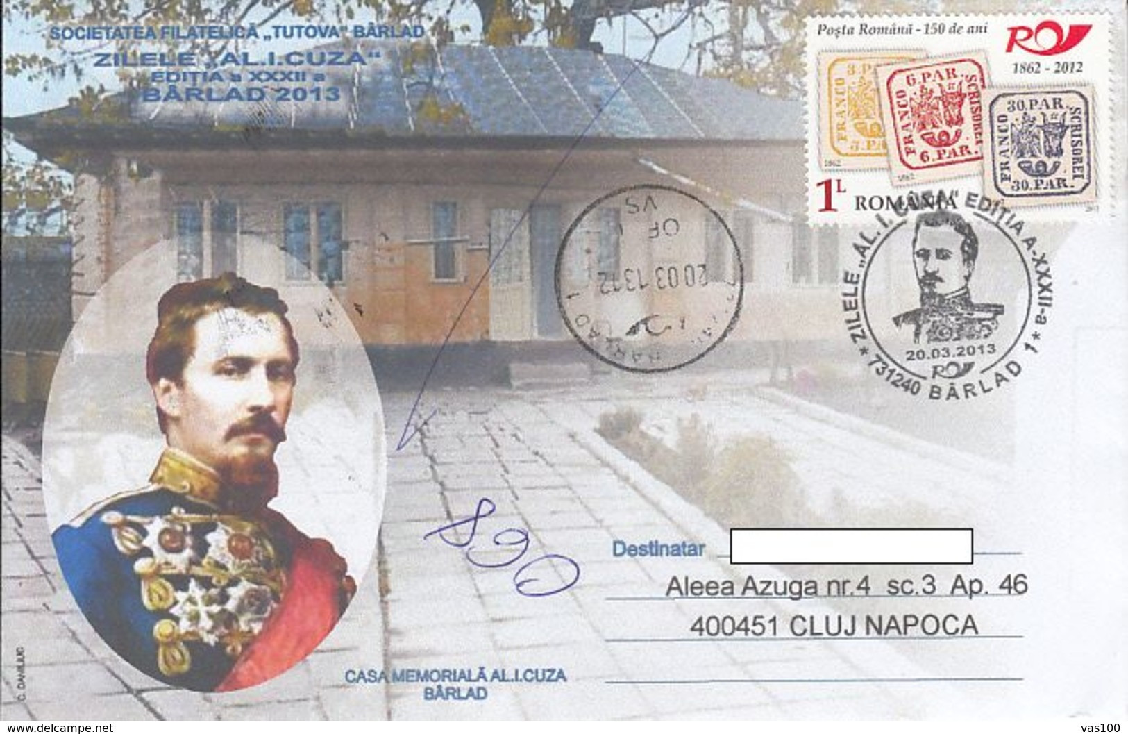 PRINCE ALEXANDRU IOAN CUZA, BARLAD MEMORIAL HOUSE, SPECIAL COVER, 2013, ROMANIA - Briefe U. Dokumente