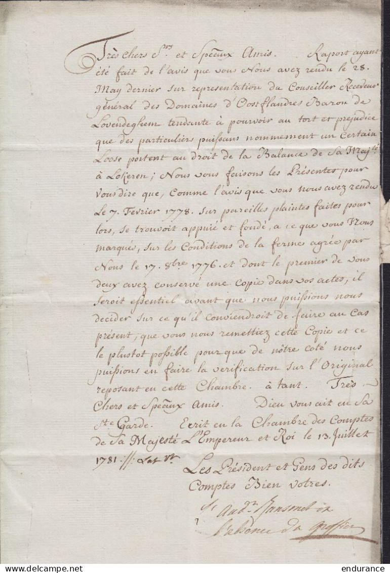 L. Datée 13 Juillet 1781 Du Service Des Comptes à GAND Pour Conseillers Fiscaux Du Conseil Des Flandres E/V (voir Texte) - 1714-1794 (Pays-Bas Autrichiens)