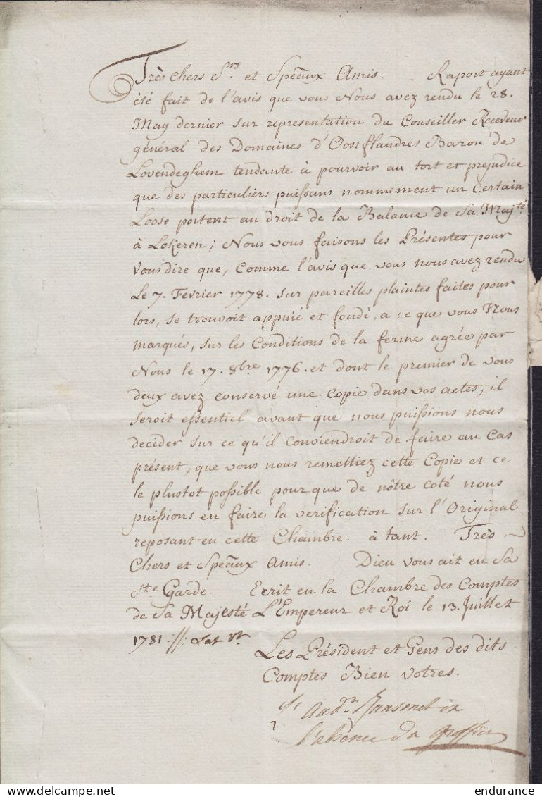 L. Datée 13 Juillet 1781 Du Service Des Comptes à GAND Pour Conseillers Fiscaux Du Conseil Des Flandres E/V (voir Texte) - 1714-1794 (Paesi Bassi Austriaci)