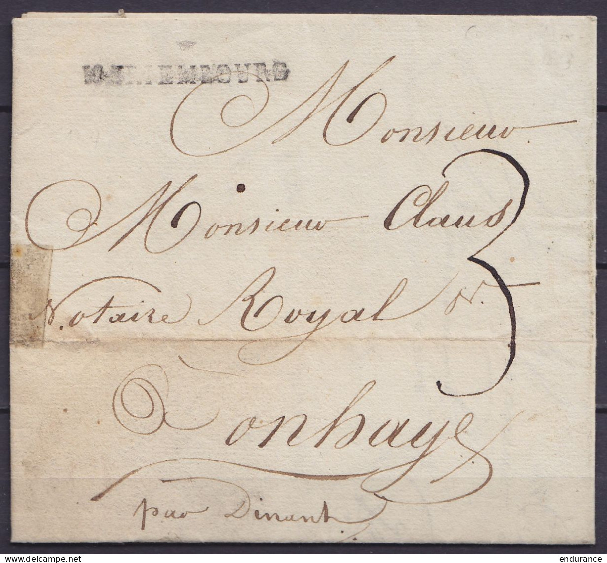 L. Datée 19 Septembre 1823 De COUVIN Pour Notaire à ONHAYE Par Dinant - Griffe "MARIEMBOURG" ("7" Gratté) - Port "3") - 1815-1830 (Holländische Periode)