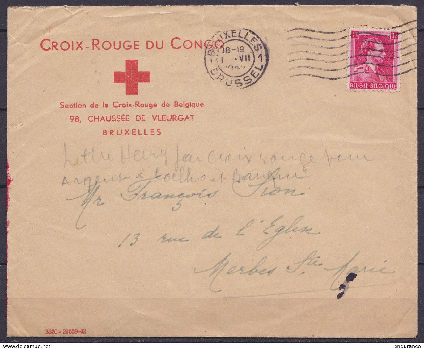 L. Entête Croix-Rouge Du Congo Affr. N°528 Flam. BRUXELLES 1/… VII 1942 Pour MERBES-Ste-MARIE - 1936-1957 Col Ouvert
