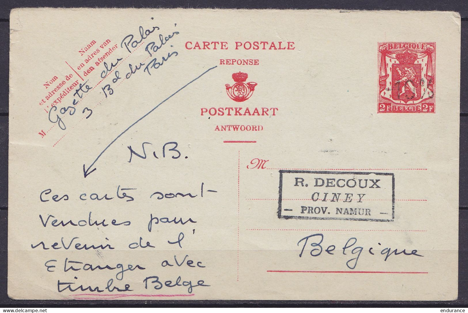 EP CP Réponse "-10%" Càd "PARIS - TRIBUNAL DE COMMERCE /10-3-1948" Pour CINEY - 1946 -10%