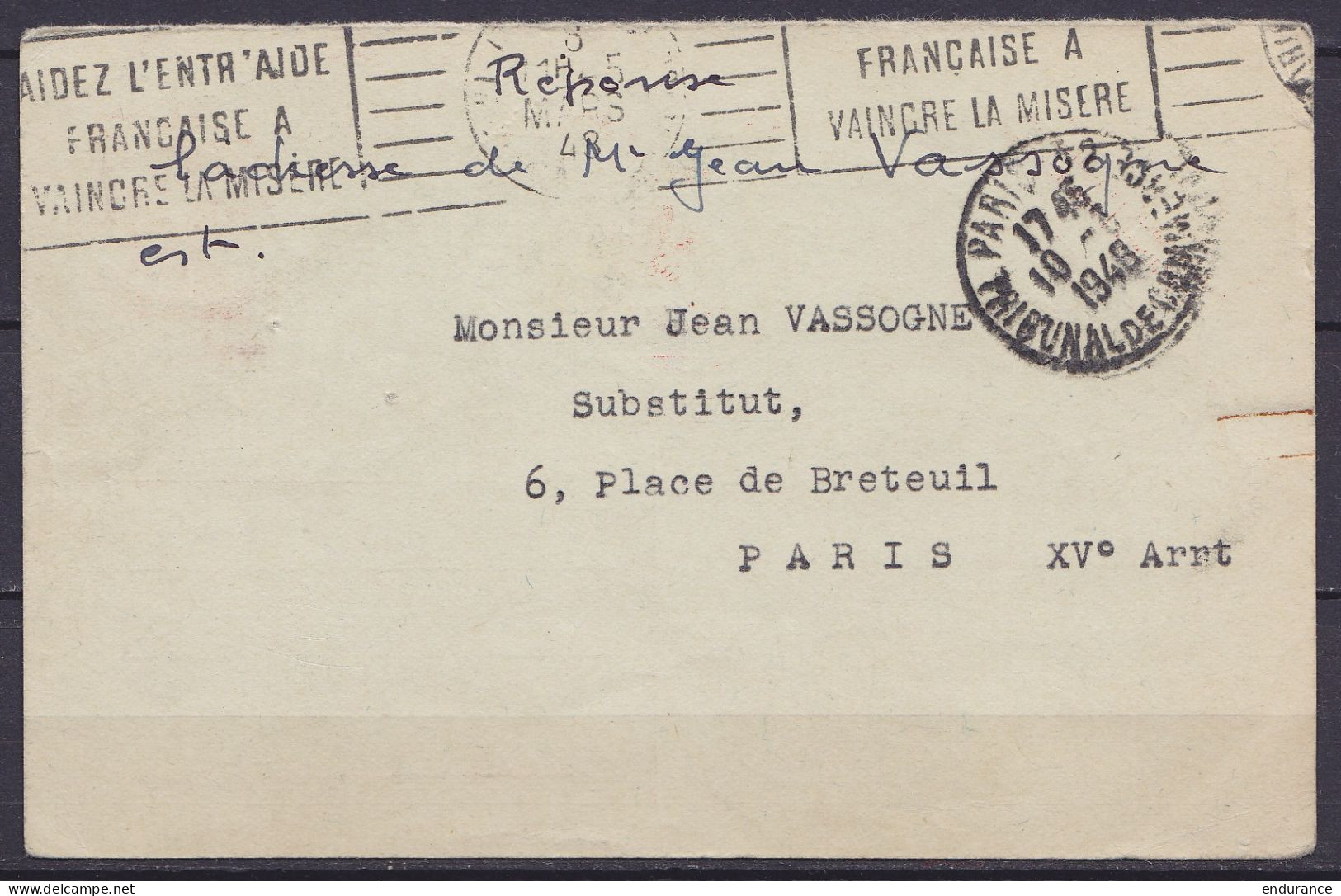 EP CP Réponse "-10%" Càd "PARIS - TRIBUNAL DE COMMERCE /10-3-1948" Pour CINEY - 1946 -10%